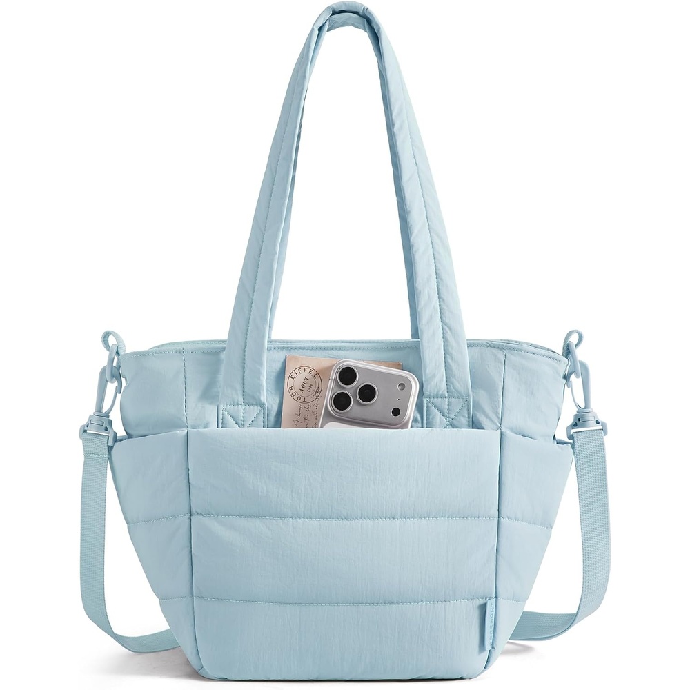 image:imageBAGSMART Lunch Bag Women Small Insulated Tote with Lunch Compartment Quilted Lightweight Puffy Tote Bag for Work Travel Outdoor Cherry RedBaby Blue