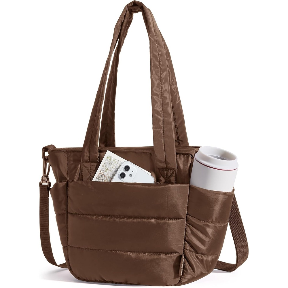 image:imageBAGSMART Lunch Bag Women Small Insulated Tote with Lunch Compartment Quilted Lightweight Puffy Tote Bag for Work Travel Outdoor Cherry RedCoffee Brown