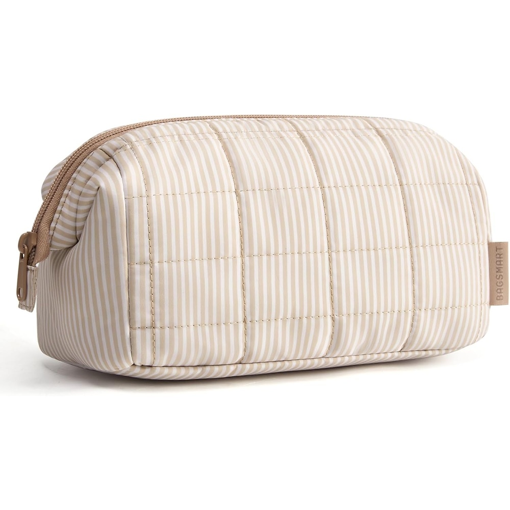 image:imageBAGSMART Makeup Bag Travel Toiletry Bag Puffy Padded Make Up Bags for Women Makeup Organizer Case Wideopen Pouch Purse Travel Essentials Toiletries Accessories Brushes Apricot Pink10Cream Striped