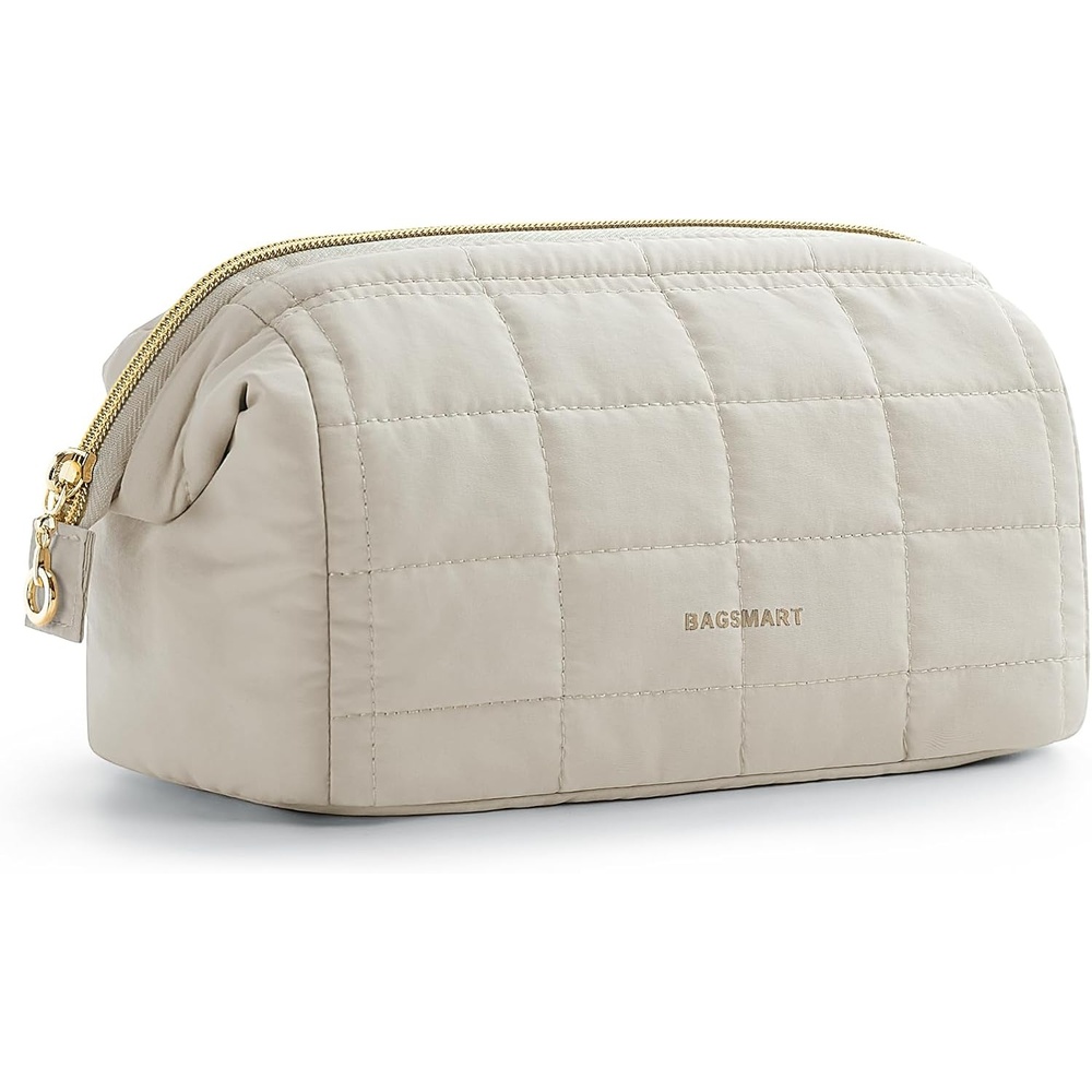image:imageBAGSMART Makeup Bag Travel Toiletry Bag Puffy Padded Make Up Bags for Women Makeup Organizer Case Wideopen Pouch Purse Travel Essentials Toiletries Accessories Brushes Apricot Pink08Cream Beige