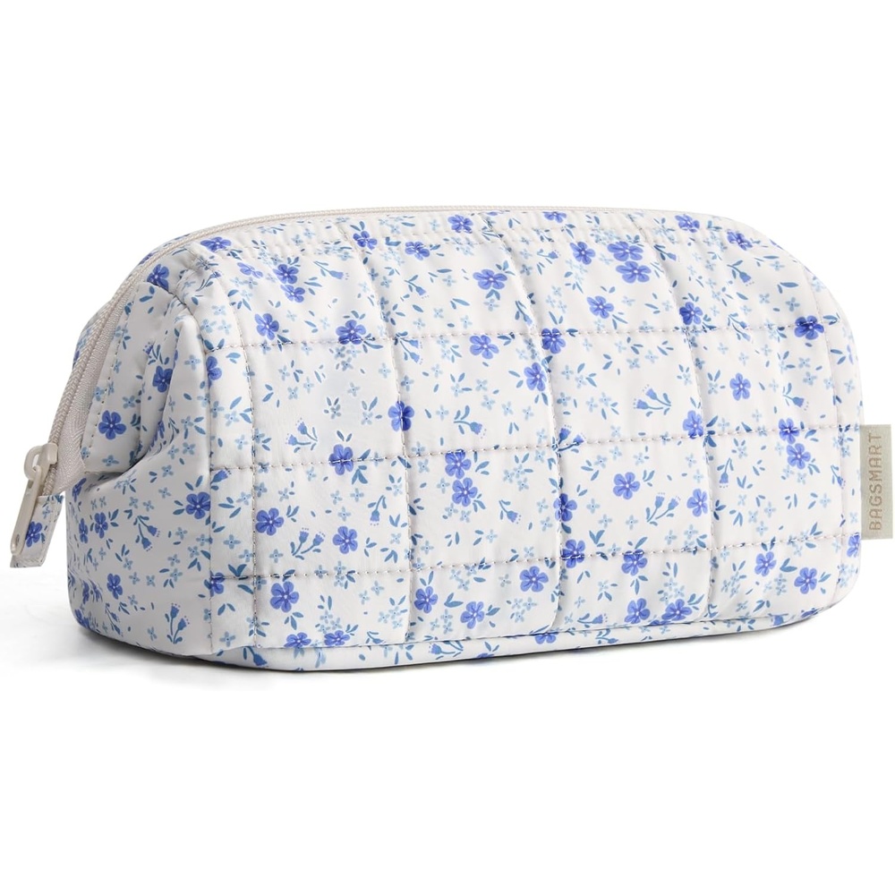 image:imageBAGSMART Makeup Bag Travel Toiletry Bag Puffy Padded Make Up Bags for Women Makeup Organizer Case Wideopen Pouch Purse Travel Essentials Toiletries Accessories Brushes Apricot Pink27Blue Ditsy Floral