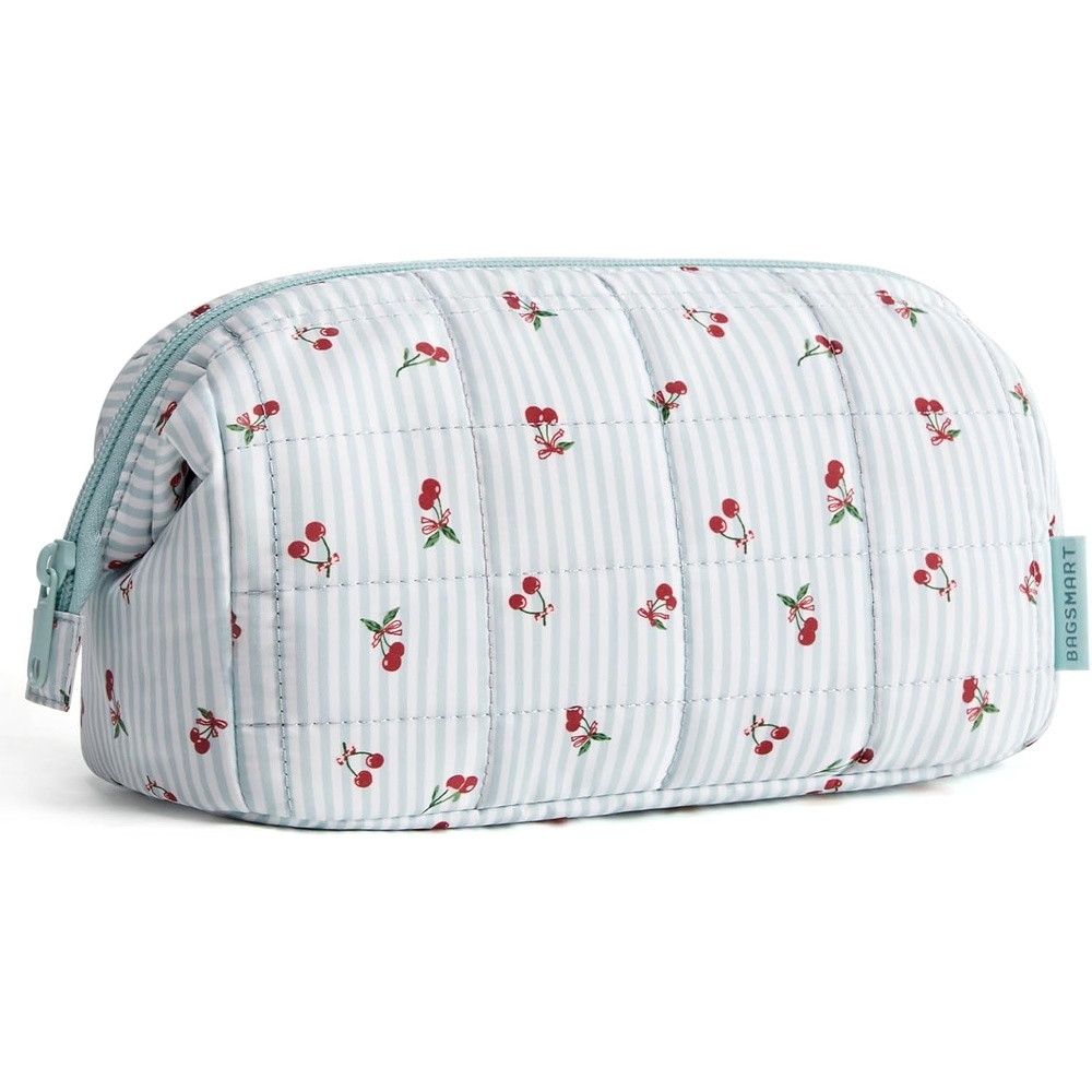 image:imageBAGSMART Makeup Bag Travel Toiletry Bag Puffy Padded Make Up Bags for Women Makeup Organizer Case Wideopen Pouch Purse Travel Essentials Toiletries Accessories Brushes Apricot Pink28Ditsy Cherry