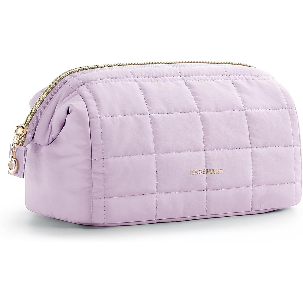 image:imageBAGSMART Makeup Bag Travel Toiletry Bag Puffy Padded Make Up Bags for Women Makeup Organizer Case Wideopen Pouch Purse Travel Essentials Toiletries Accessories Brushes Apricot Pink19Lilac Purple