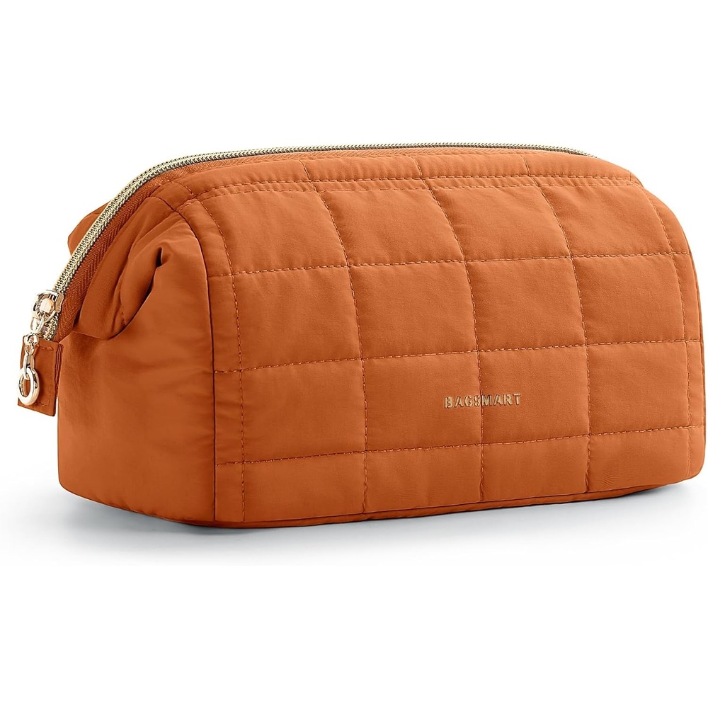 image:imageBAGSMART Makeup Bag Travel Toiletry Bag Puffy Padded Make Up Bags for Women Makeup Organizer Case Wideopen Pouch Purse Travel Essentials Toiletries Accessories Brushes Apricot Pink23Caramel Orange