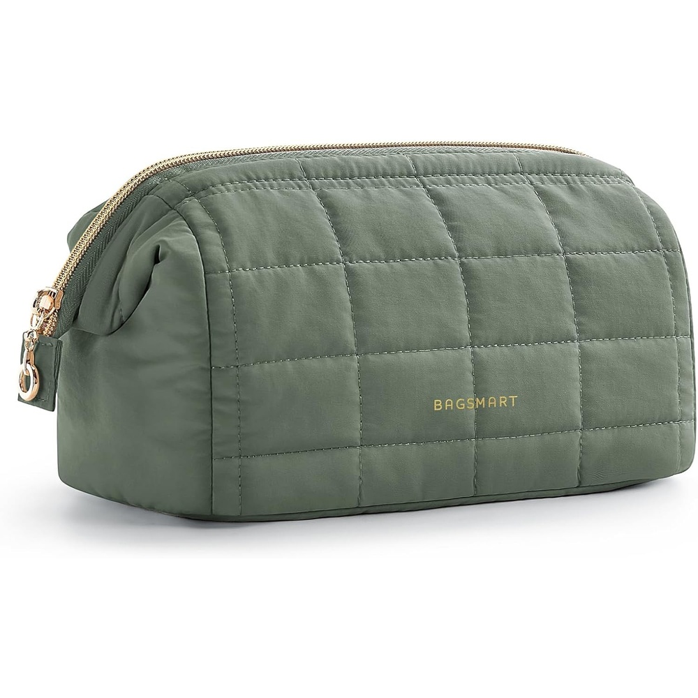 image:imageBAGSMART Makeup Bag Travel Toiletry Bag Puffy Padded Make Up Bags for Women Makeup Organizer Case Wideopen Pouch Purse Travel Essentials Toiletries Accessories Brushes Apricot Pink15Olive Green
