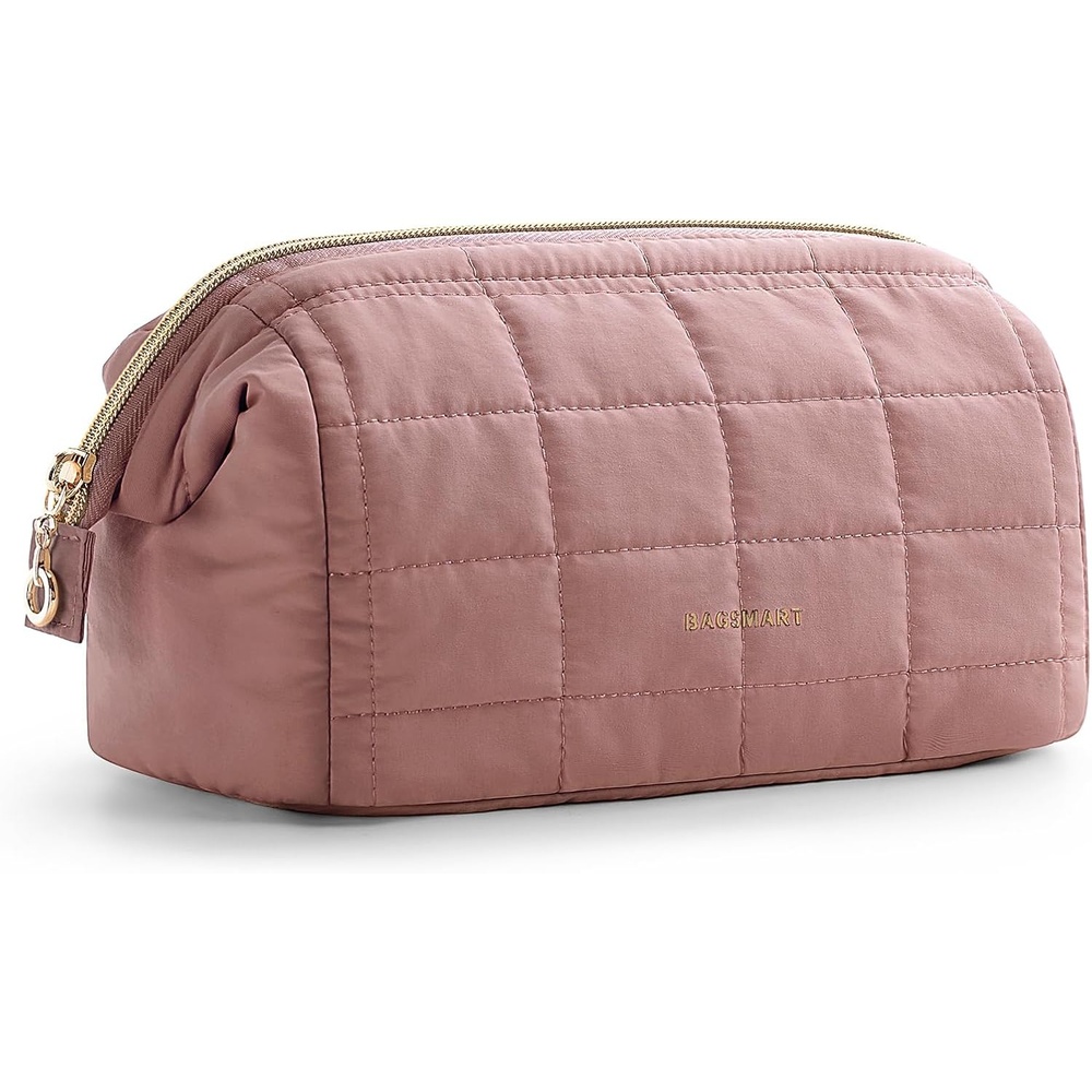 image:imageBAGSMART Makeup Bag Travel Toiletry Bag Puffy Padded Make Up Bags for Women Makeup Organizer Case Wideopen Pouch Purse Travel Essentials Toiletries Accessories Brushes Apricot Pink02Dusty Rose Pink