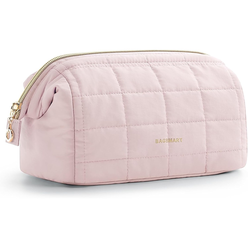 image:imageBAGSMART Makeup Bag Travel Toiletry Bag Puffy Padded Make Up Bags for Women Makeup Organizer Case Wideopen Pouch Purse Travel Essentials Toiletries Accessories Brushes Apricot Pink01Sakura Pink