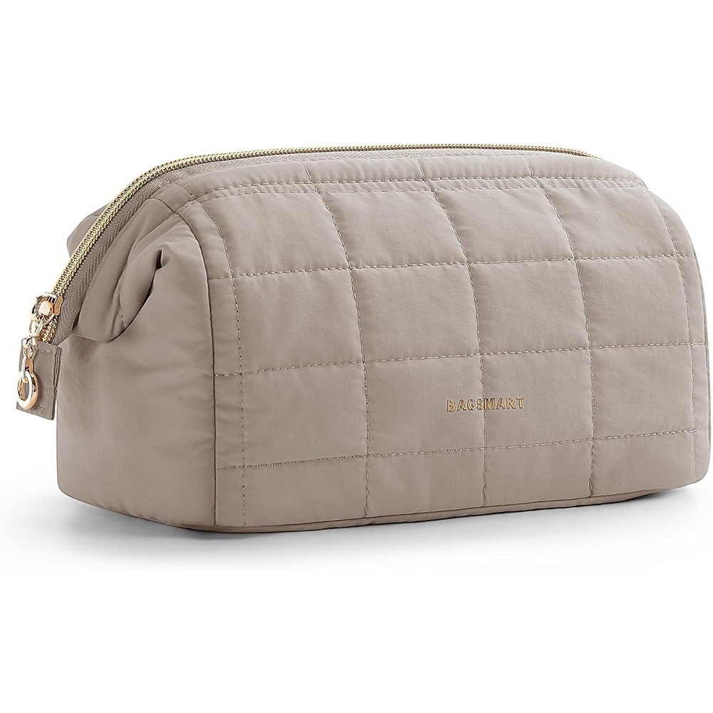 image:imageBAGSMART Makeup Bag Travel Toiletry Bag Puffy Padded Make Up Bags for Women Makeup Organizer Case Wideopen Pouch Purse Travel Essentials Toiletries Accessories Brushes Apricot Pink09Greige