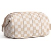 BAGSMART Makeup Bag Travel Toiletry Bag, Puffy Padded Make Up Bags for Women Makeup Organizer Case, Wide-open Pouch Purse Travel Essentials Toiletries Accessories Brushes, Apricot Pink(11-Checkered Khaki)