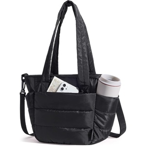 BAGSMART Lunch Bag Women Small Insulated Tote with Lunch Compartment Quilted Lightweight Puffy Tote Bag for Work, Travel, Outdoor, Cherry Red(01-Black)