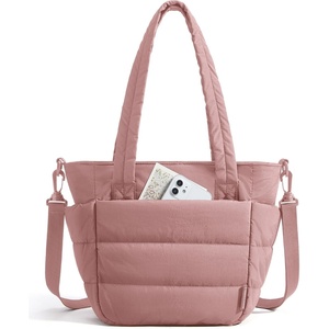 BAGSMART Lunch Bag Women Small Insulated Tote with Lunch Compartment Quilted Lightweight Puffy Tote Bag for Work, Travel, Outdoor, Cherry Red(Nude Pink)