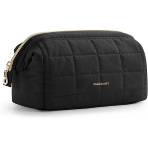 BAGSMART Makeup Bag Travel Toiletry Bag, Puffy Padded Make Up Bags for Women Makeup Organizer Case, Wide-open Pouch Purse Travel Essentials Toiletries Accessories Brushes, Apricot Pink(05-Black)