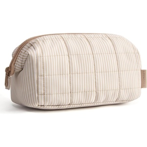 BAGSMART Makeup Bag Travel Toiletry Bag, Puffy Padded Make Up Bags for Women Makeup Organizer Case, Wide-open Pouch Purse Travel Essentials Toiletries Accessories Brushes, Apricot Pink(10-Cream Striped)