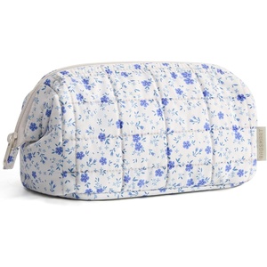 BAGSMART Makeup Bag Travel Toiletry Bag, Puffy Padded Make Up Bags for Women Makeup Organizer Case, Wide-open Pouch Purse Travel Essentials Toiletries Accessories Brushes, Apricot Pink(27-Blue Ditsy Floral)