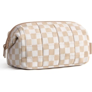 BAGSMART Makeup Bag Travel Toiletry Bag, Puffy Padded Make Up Bags for Women Makeup Organizer Case, Wide-open Pouch Purse Travel Essentials Toiletries Accessories Brushes, Apricot Pink(11-Checkered Khaki)