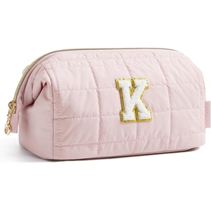 BAGSMART Makeup Bag Travel Toiletry Bag, Puffy Padded Make Up Bags for Women Makeup Organizer Case, Wide-open Pouch Purse Travel Essentials Toiletries Accessories Brushes, Apricot Pink(34-Letter K)