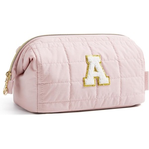 BAGSMART Makeup Bag Travel Toiletry Bag, Puffy Padded Make Up Bags for Women Makeup Organizer Case, Wide-open Pouch Purse Travel Essentials Toiletries Accessories Brushes, Apricot Pink(29-Letter A)