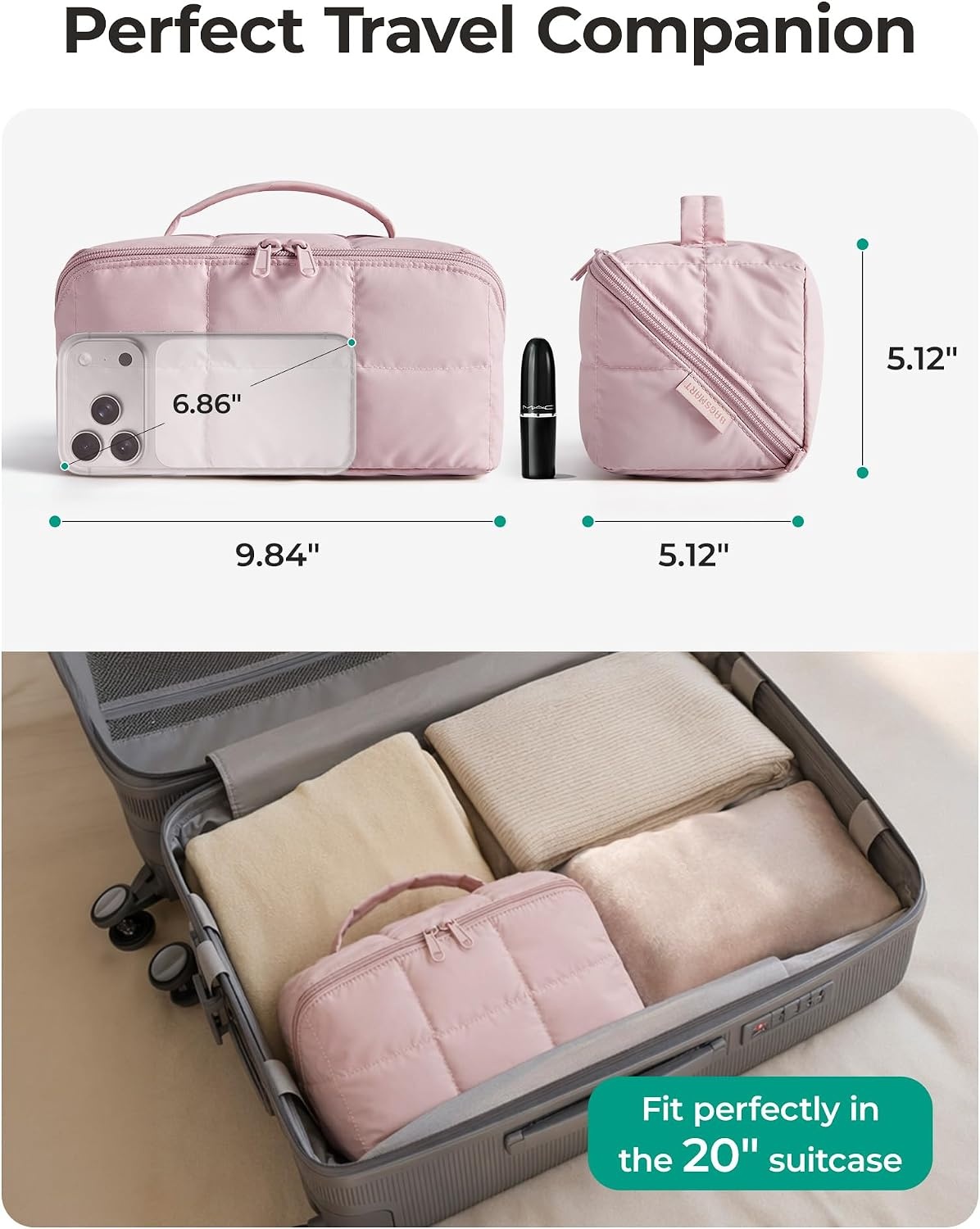 image:imageBAGSMART Travel Makeup Bag Large Capacity Cosmetic Organizer for Women Roomy fits all makeup opens flat for full view Lightweight waterresistant amp dual zippers PVC pouch ideal for travelLight Beige