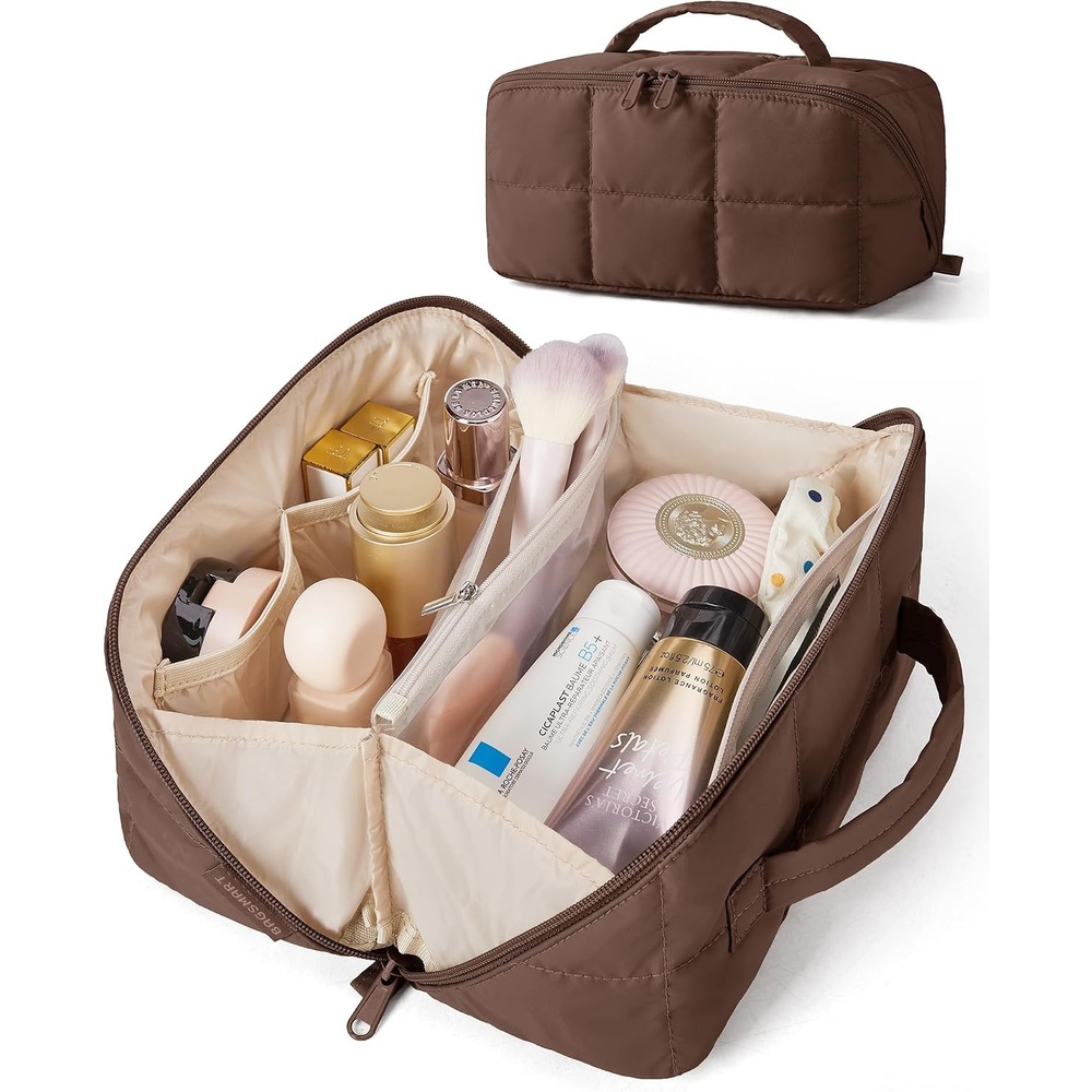 image:imageBAGSMART Travel Makeup Bag Large Capacity Cosmetic Organizer for Women Roomy fits all makeup opens flat for full view Lightweight waterresistant amp dual zippers PVC pouch ideal for travelChocolate Brown