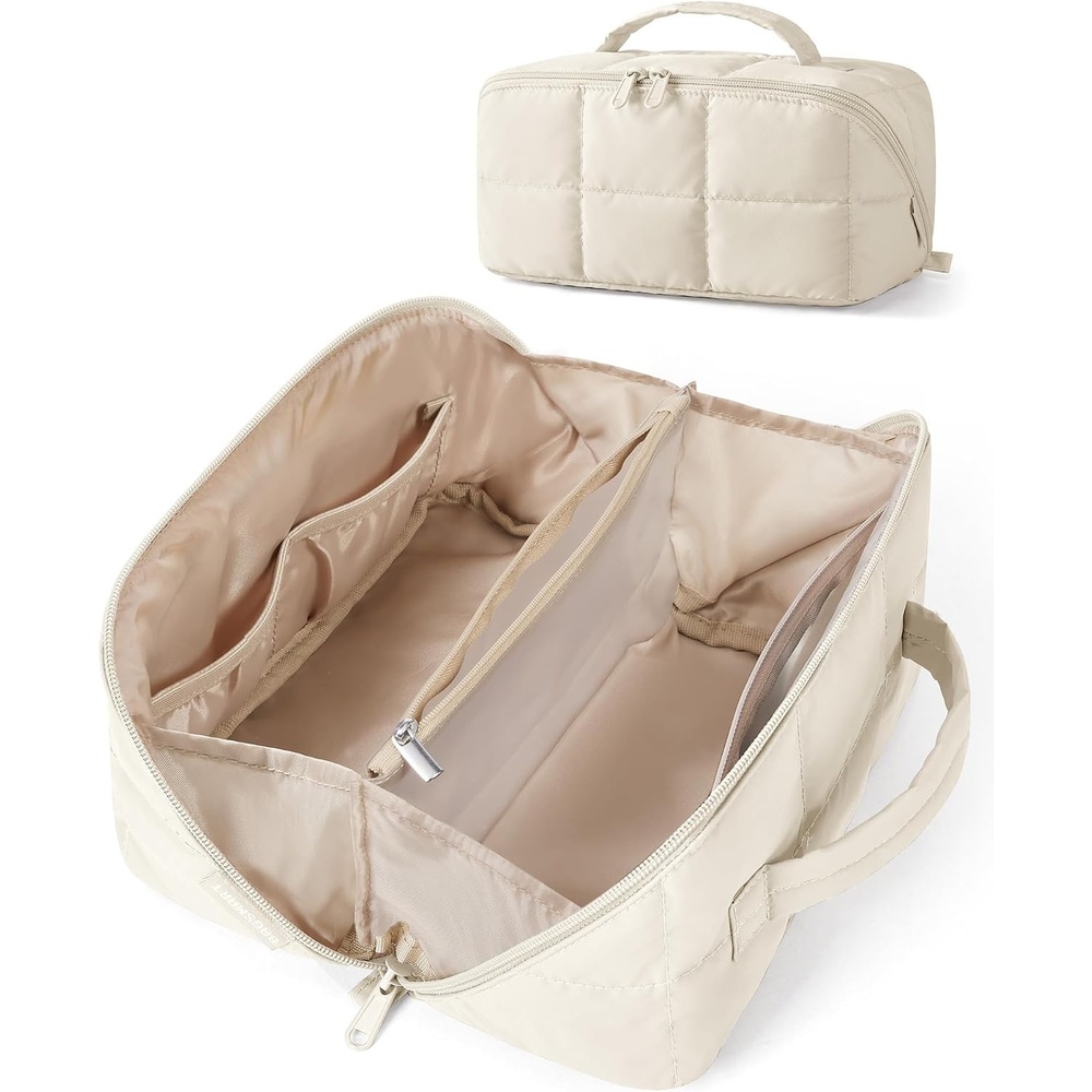 image:imageBAGSMART Travel Makeup Bag Large Capacity Cosmetic Organizer for Women Roomy fits all makeup opens flat for full view Lightweight waterresistant amp dual zippers PVC pouch ideal for travelLight Beige
