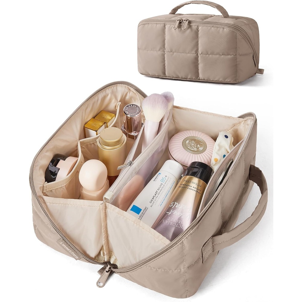 image:imageBAGSMART Travel Makeup Bag Large Capacity Cosmetic Organizer for Women Roomy fits all makeup opens flat for full view Lightweight waterresistant amp dual zippers PVC pouch ideal for travelBrown