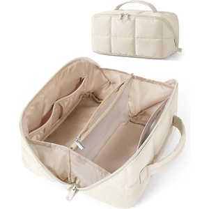 BAGSMART Travel Makeup Bag, Large Capacity Cosmetic Organizer for Women | Roomy fits all makeup, opens flat for full view. Lightweight, water-resistant & dual zippers. PVC pouch ideal for travel(Light Beige)