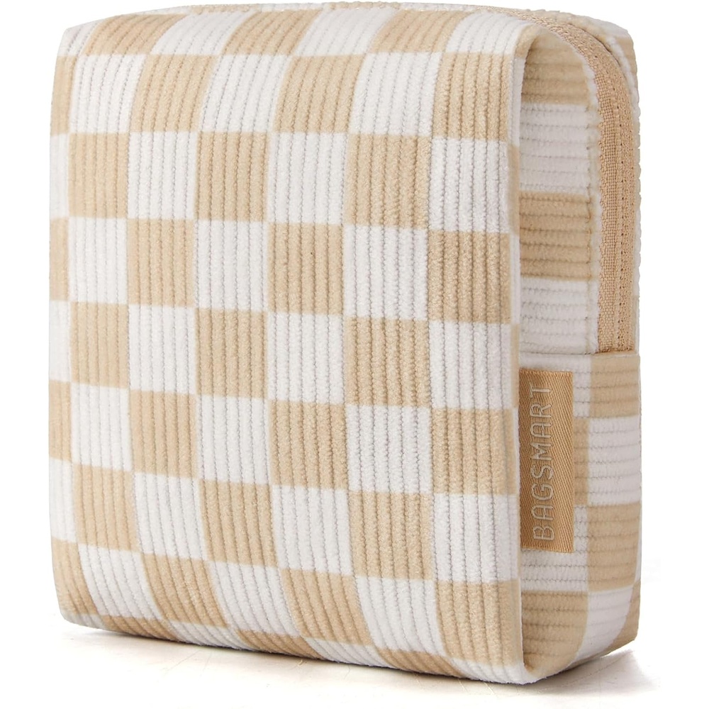 image:imageBAGSMART Small Corduroy Makeup Bag Cosmetic Pouch for Women with Pocket  For Purse Toiletry Pouch Soft Mini Cosmetics Bag Travel Essentials Cute Make Up Pouch with Slipin Pocket01Khaki Checkered Print Mini