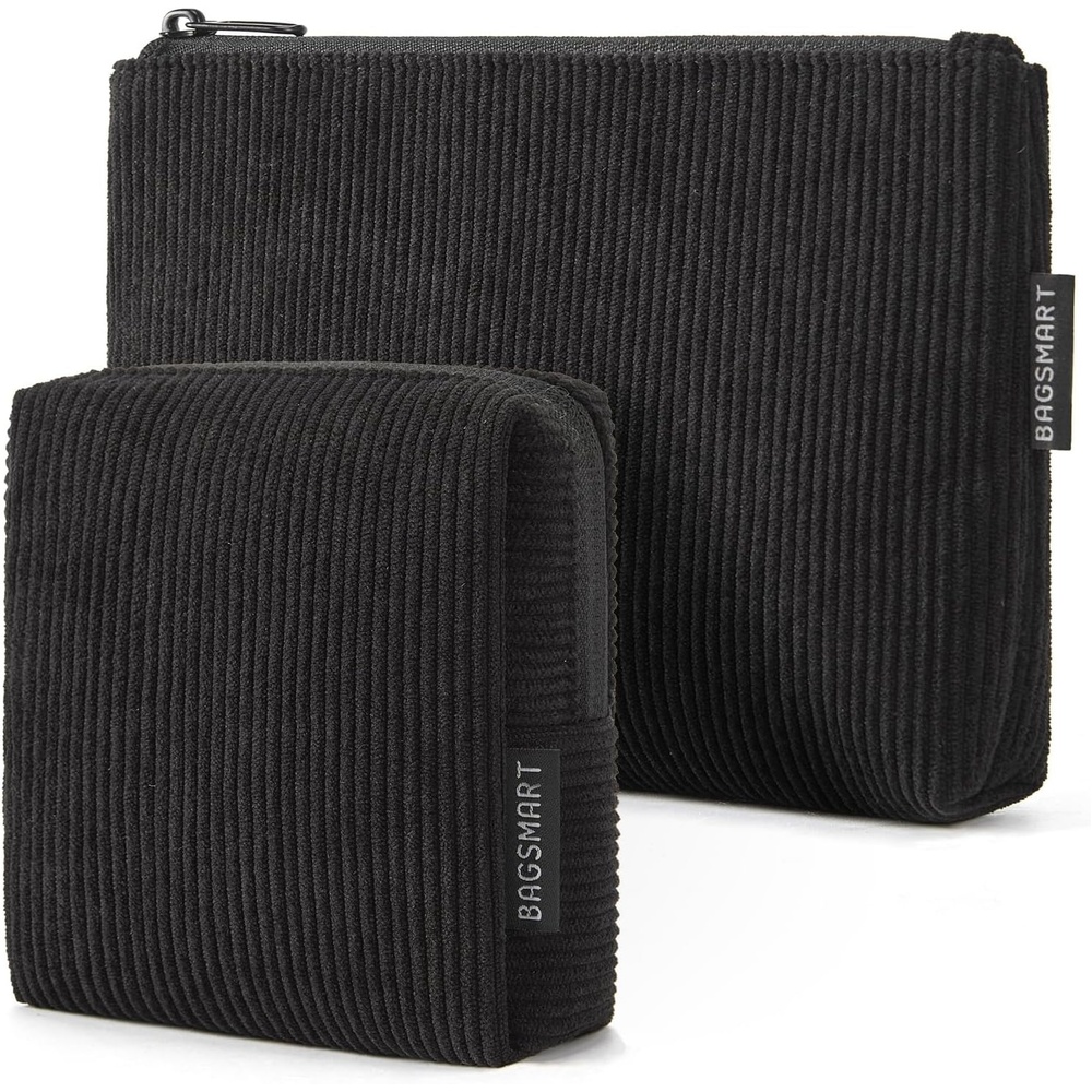 image:imageBAGSMART Small Corduroy Makeup Bag Cosmetic Pouch for Women with Pocket For Purse Toiletry Pouch Soft Mini Cosmetics Bag Travel Essentials Cute Make Up Pouch with Slipin Pocket02Black Set