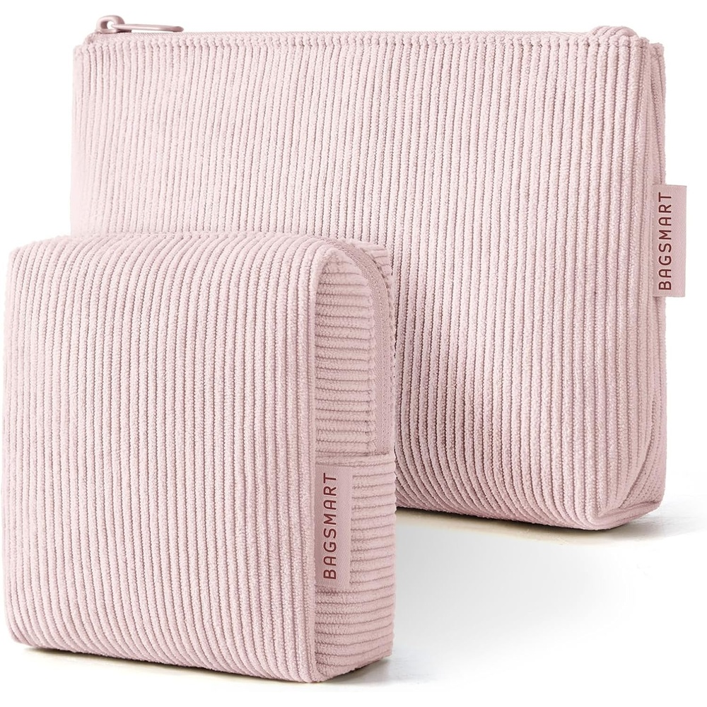 image:imageBAGSMART Small Corduroy Makeup Bag Cosmetic Pouch for Women with Pocket For Purse Toiletry Pouch Soft Mini Cosmetics Bag Travel Essentials Cute Make Up Pouch with Slipin Pocket02Baby Pink Set