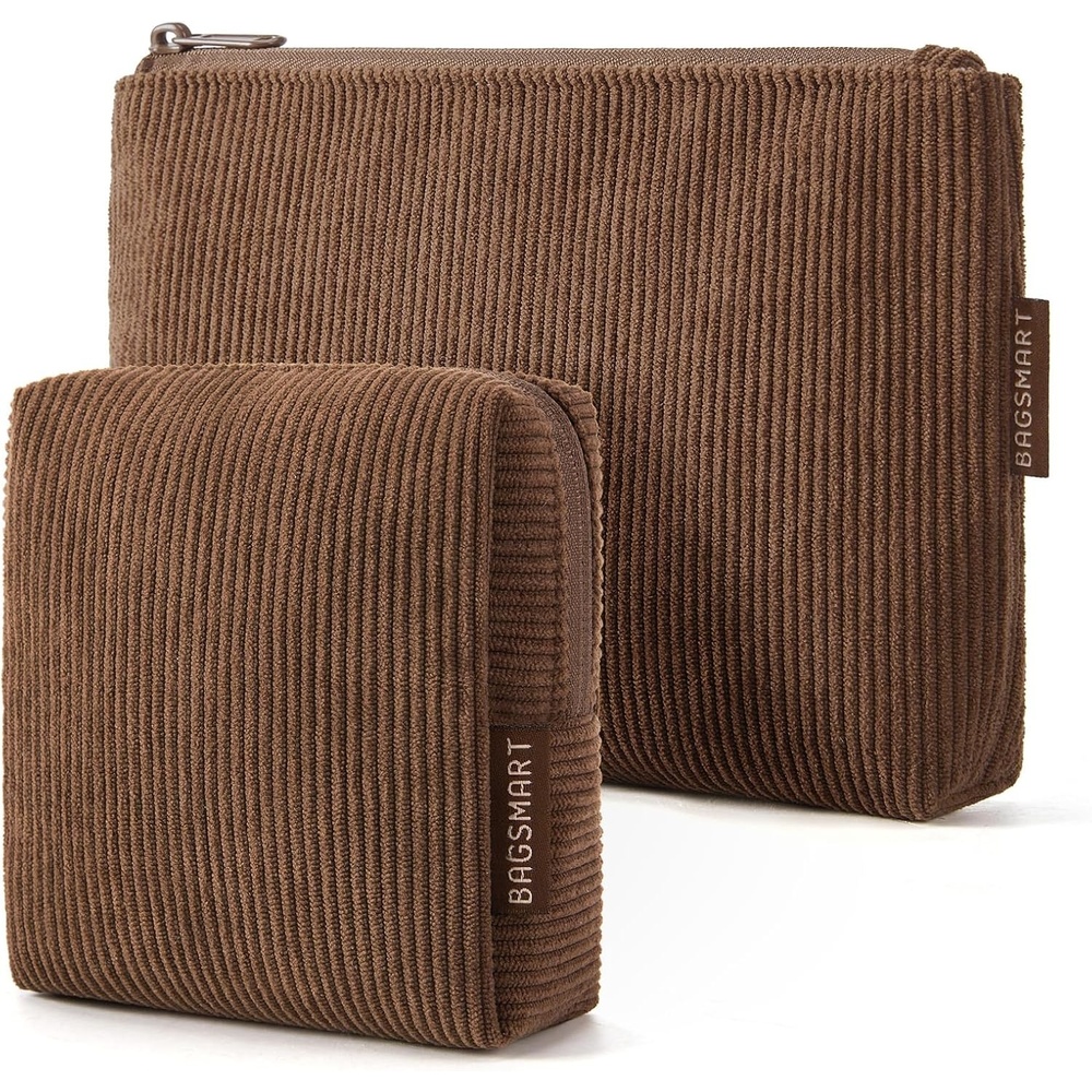 image:imageBAGSMART Small Corduroy Makeup Bag Cosmetic Pouch for Women with Pocket For Purse Toiletry Pouch Soft Mini Cosmetics Bag Travel Essentials Cute Make Up Pouch with Slipin Pocket02Coffee Brown Set