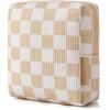 BAGSMART Small Corduroy Makeup Bag, Cosmetic Pouch for Women with Pocket | For Purse, Toiletry Pouch, Soft Mini Cosmetics Bag, Travel Essentials, Cute Make Up Pouch with Slip-in Pocket(01-Khaki Checkered Print Mini)