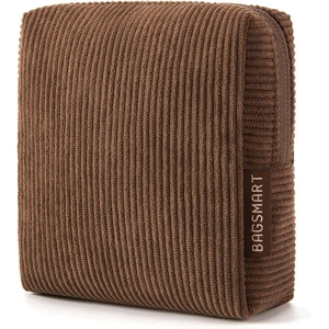 BAGSMART Small Corduroy Makeup Bag, Cosmetic Pouch for Women with Pocket | For Purse, Toiletry Pouch, Soft Mini Cosmetics Bag, Travel Essentials, Cute Make Up Pouch with Slip-in Pocket(01-Coffee Brown Mini)