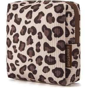 BAGSMART Small Corduroy Makeup Bag, Cosmetic Pouch for Women with Pocket | For Purse, Toiletry Pouch, Soft Mini Cosmetics Bag, Travel Essentials, Cute Make Up Pouch with Slip-in Pocket(01-Leopard Print Mini)