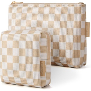 BAGSMART Small Corduroy Makeup Bag, Cosmetic Pouch for Women with Pocket | For Purse, Toiletry Pouch, Soft Mini Cosmetics Bag, Travel Essentials, Cute Make Up Pouch with Slip-in Pocket(02-Khaki Checkered Print Set)