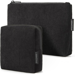 BAGSMART Small Corduroy Makeup Bag, Cosmetic Pouch for Women with Pocket | For Purse, Toiletry Pouch, Soft Mini Cosmetics Bag, Travel Essentials, Cute Make Up Pouch with Slip-in Pocket(02-Black Set)