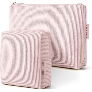 BAGSMART Small Corduroy Makeup Bag, Cosmetic Pouch for Women with Pocket | For Purse, Toiletry Pouch, Soft Mini Cosmetics Bag, Travel Essentials, Cute Make Up Pouch with Slip-in Pocket(02-Baby Pink Set)