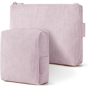 BAGSMART Small Corduroy Makeup Bag, Cosmetic Pouch for Women with Pocket | For Purse, Toiletry Pouch, Soft Mini Cosmetics Bag, Travel Essentials, Cute Make Up Pouch with Slip-in Pocket(02-Lavender Purple Set)