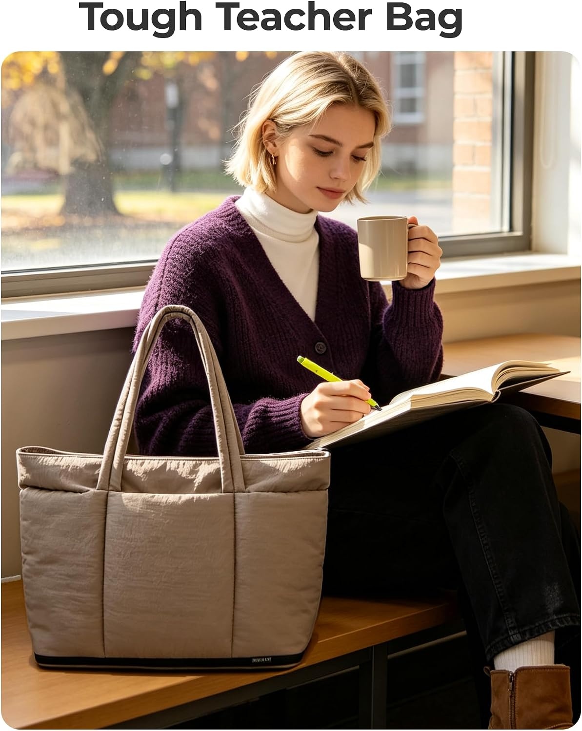 image:imageBAGSMART Puffer Tote Bag for Women Expandable Teacher Handbag wPouch 2 Pieces Lightweight Large Travel Tote 156 Laptop Computer Carry On Shoulder Handbag for Work Commute Clinical WeekendCoffee Brown