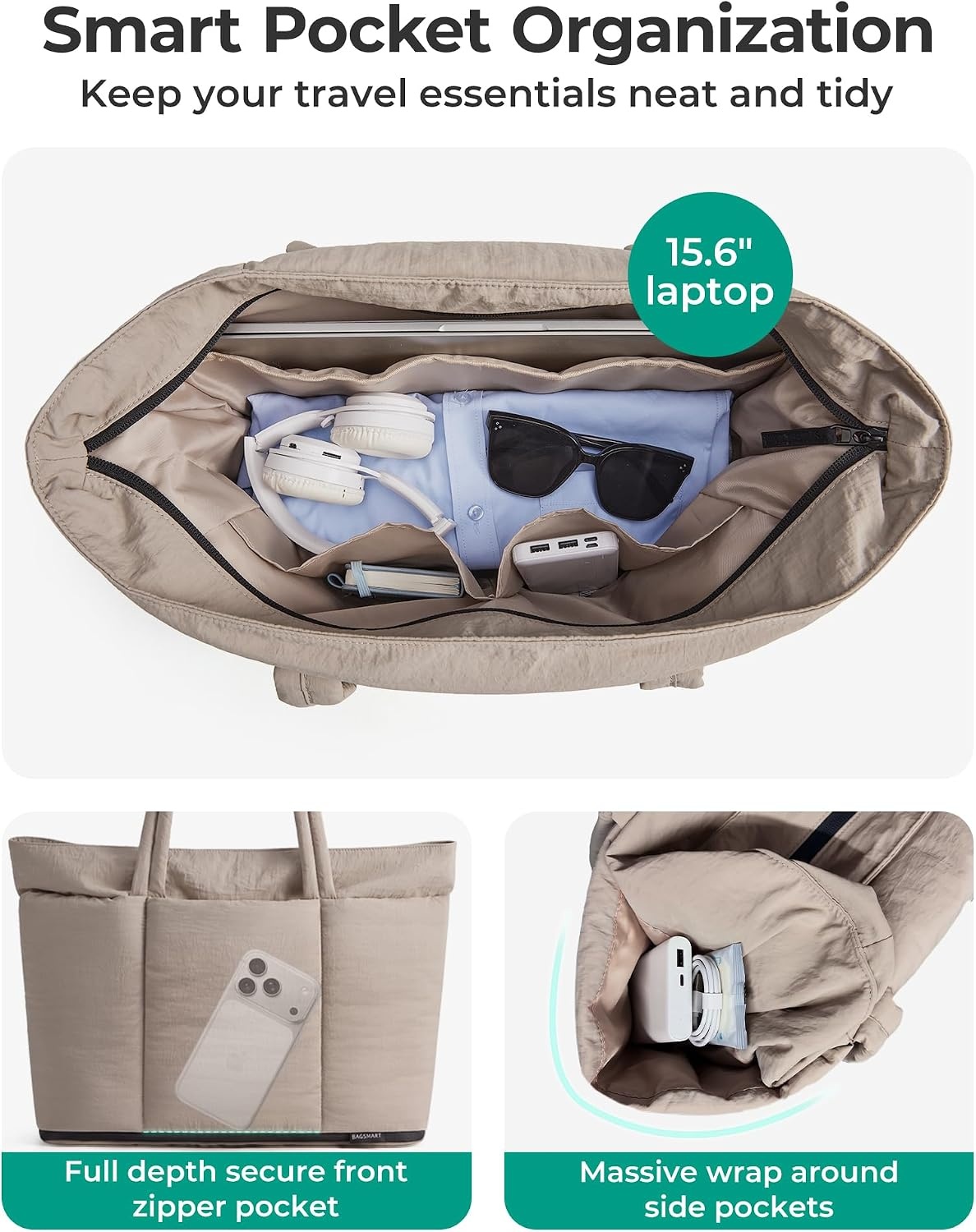 image:imageBAGSMART Puffer Tote Bag for Women Expandable Teacher Handbag wPouch 2 Pieces Lightweight Large Travel Tote 156 Laptop Computer Carry On Shoulder Handbag for Work Commute Clinical WeekendForest Green