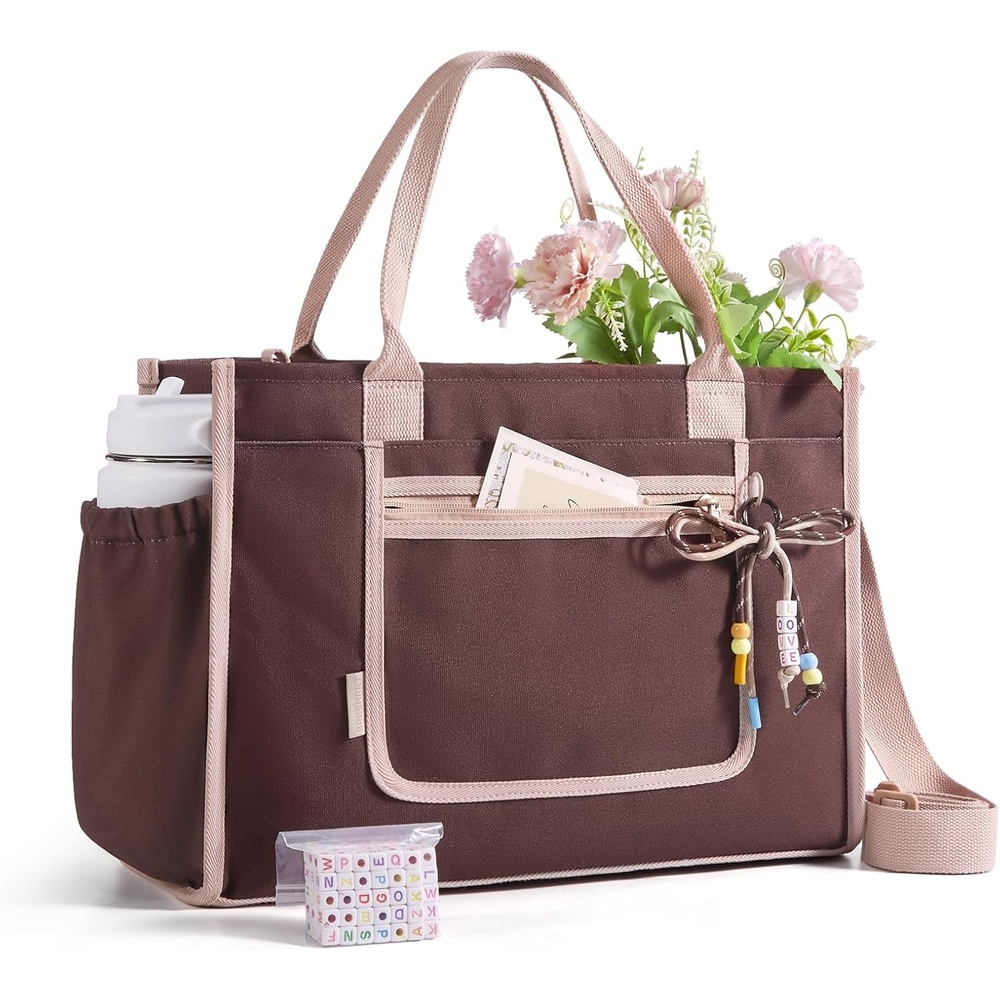 image:imageBAGSMART Personalized DIY Letter Bead Canvas Tote Bag Gift Tote Bag for Women Crossbody Shoulder Bag with Ropeknot Bow Accent Teacher Gifts amp Birthday GiftsCoffee Brown