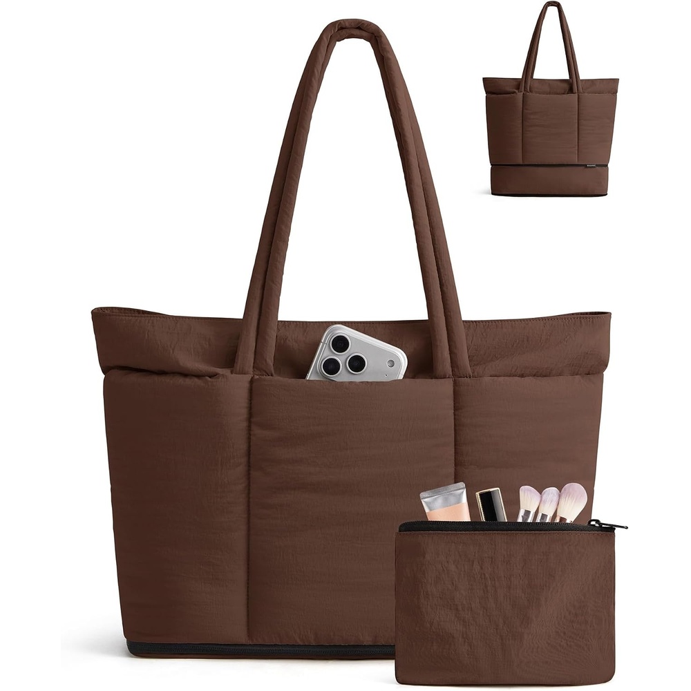 image:imageBAGSMART Puffer Tote Bag for Women Expandable Teacher Handbag wPouch 2 Pieces Lightweight Large Travel Tote 156 Laptop Computer Carry On Shoulder Handbag for Work Commute Clinical WeekendCoffee Brown