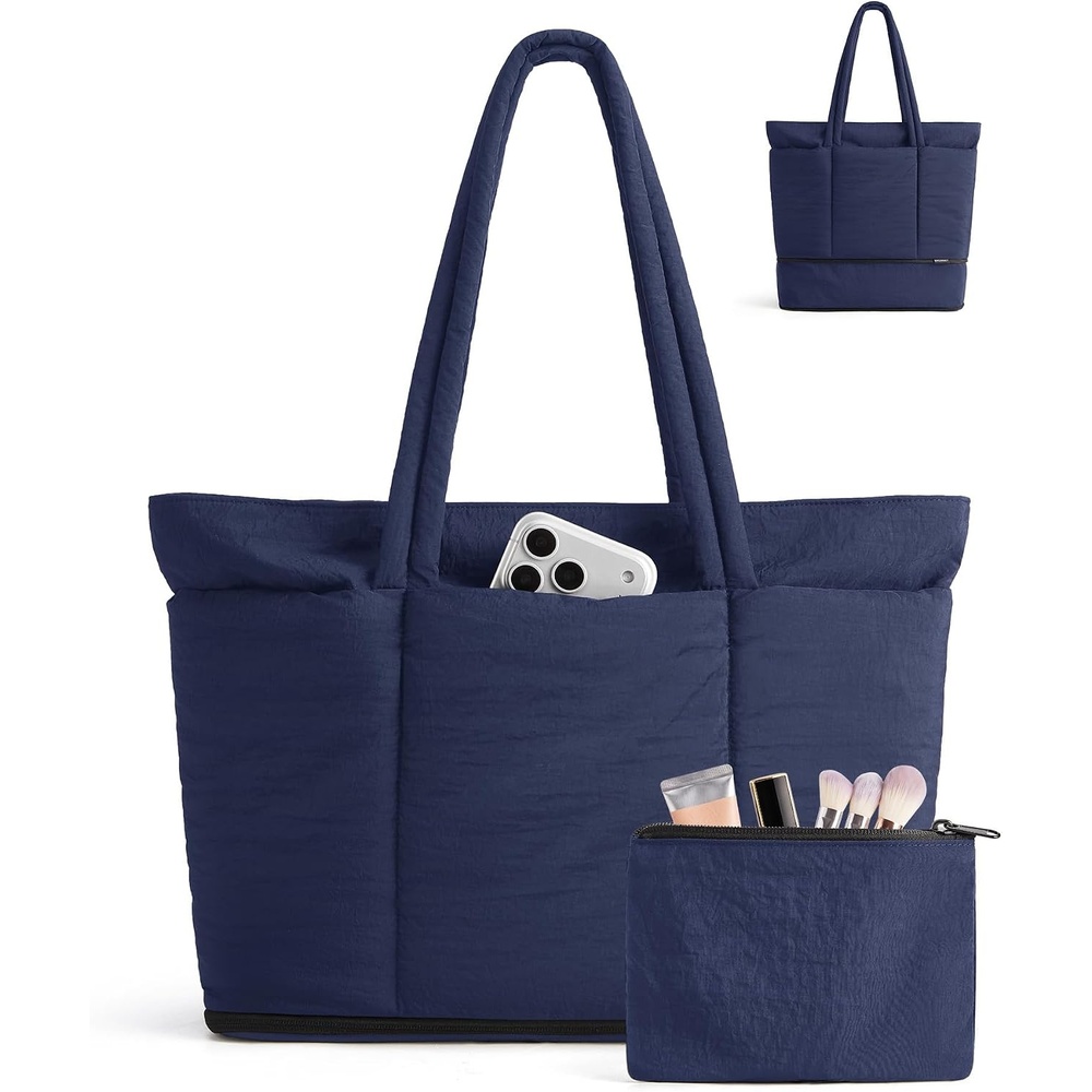 image:imageBAGSMART Puffer Tote Bag for Women Expandable Teacher Handbag wPouch 2 Pieces Lightweight Large Travel Tote 156 Laptop Computer Carry On Shoulder Handbag for Work Commute Clinical WeekendNavy Blue