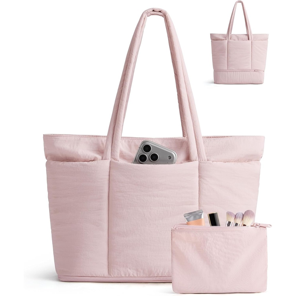 image:imageBAGSMART Puffer Tote Bag for Women Expandable Teacher Handbag wPouch 2 Pieces Lightweight Large Travel Tote 156 Laptop Computer Carry On Shoulder Handbag for Work Commute Clinical WeekendCandy Pink