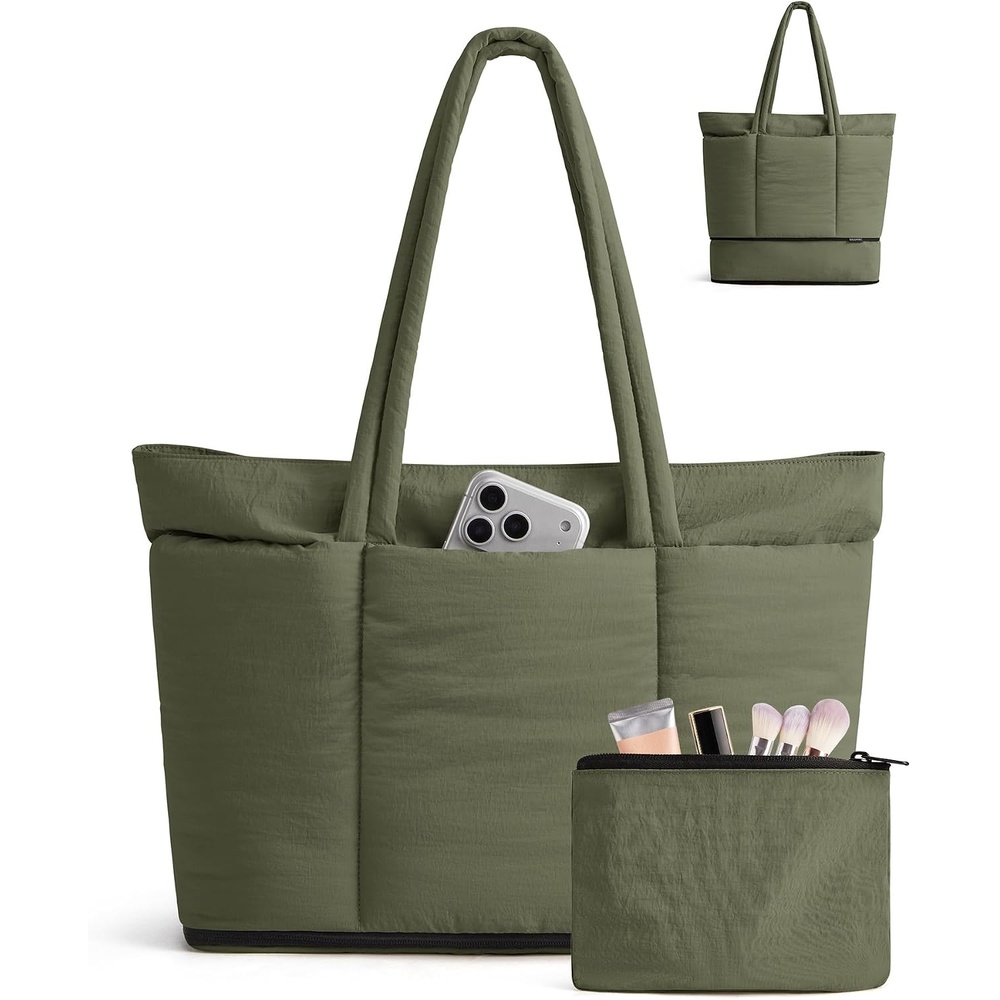 image:imageBAGSMART Puffer Tote Bag for Women Expandable Teacher Handbag wPouch 2 Pieces Lightweight Large Travel Tote 156 Laptop Computer Carry On Shoulder Handbag for Work Commute Clinical WeekendForest Green