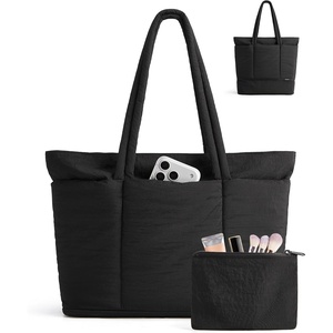 BAGSMART Puffer Tote Bag for Women, Expandable Teacher Handbag w/Pouch | 2 Pieces Lightweight Large Travel Tote, 15.6″ Laptop Computer Carry On Shoulder Handbag for Work, Commute, Clinical, Weekend(Jet Black)