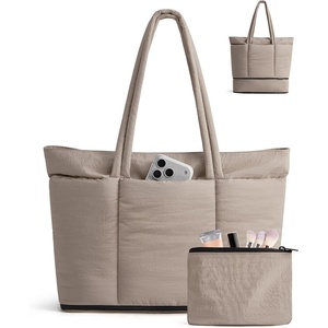 BAGSMART Puffer Tote Bag for Women, Expandable Teacher Handbag w/Pouch | 2 Pieces Lightweight Large Travel Tote, 15.6″ Laptop Computer Carry On Shoulder Handbag for Work, Commute, Clinical, Weekend(Latte Brown)