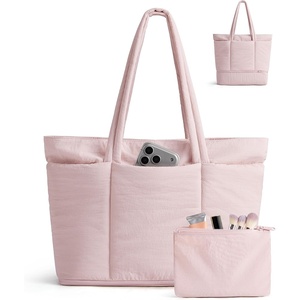 BAGSMART Puffer Tote Bag for Women, Expandable Teacher Handbag w/Pouch | 2 Pieces Lightweight Large Travel Tote, 15.6″ Laptop Computer Carry On Shoulder Handbag for Work, Commute, Clinical, Weekend(Candy Pink)