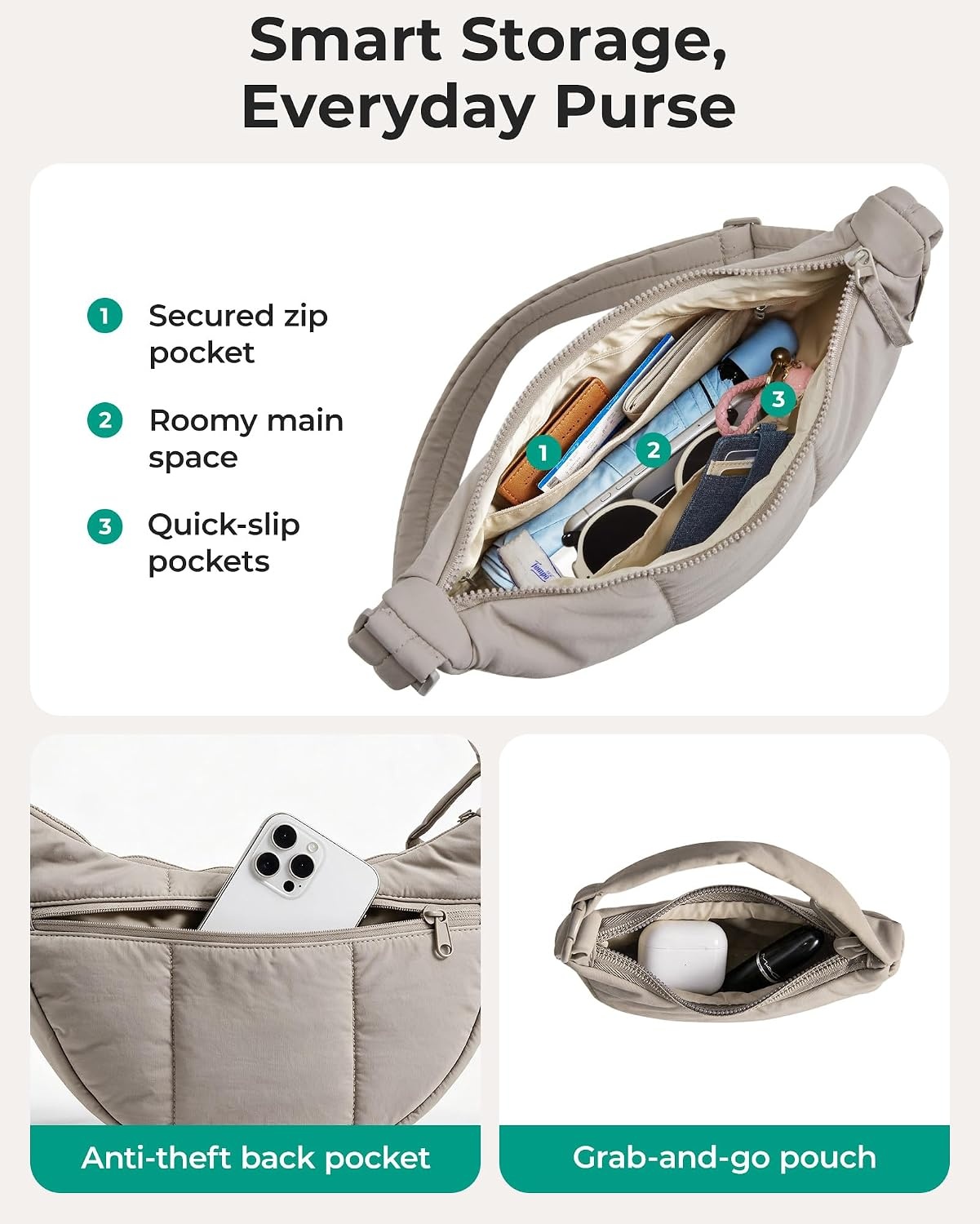 image:imageBAGSMART Puffer Crossbody Bags for Women with Pouch 2Piece Hobo PursesLatte Brown